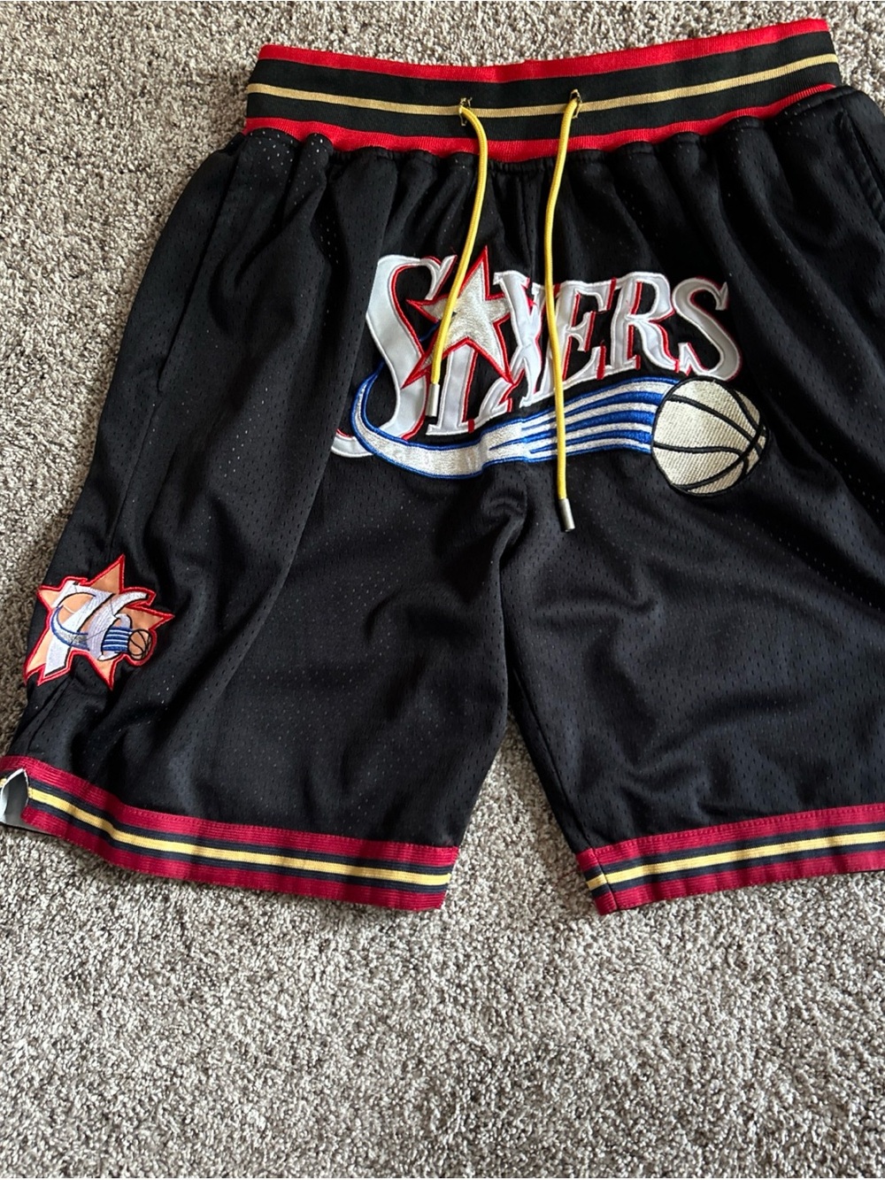 Just Don Black Philadelphia 76ers Logo Basketball Shorts with Red & Gold Trim